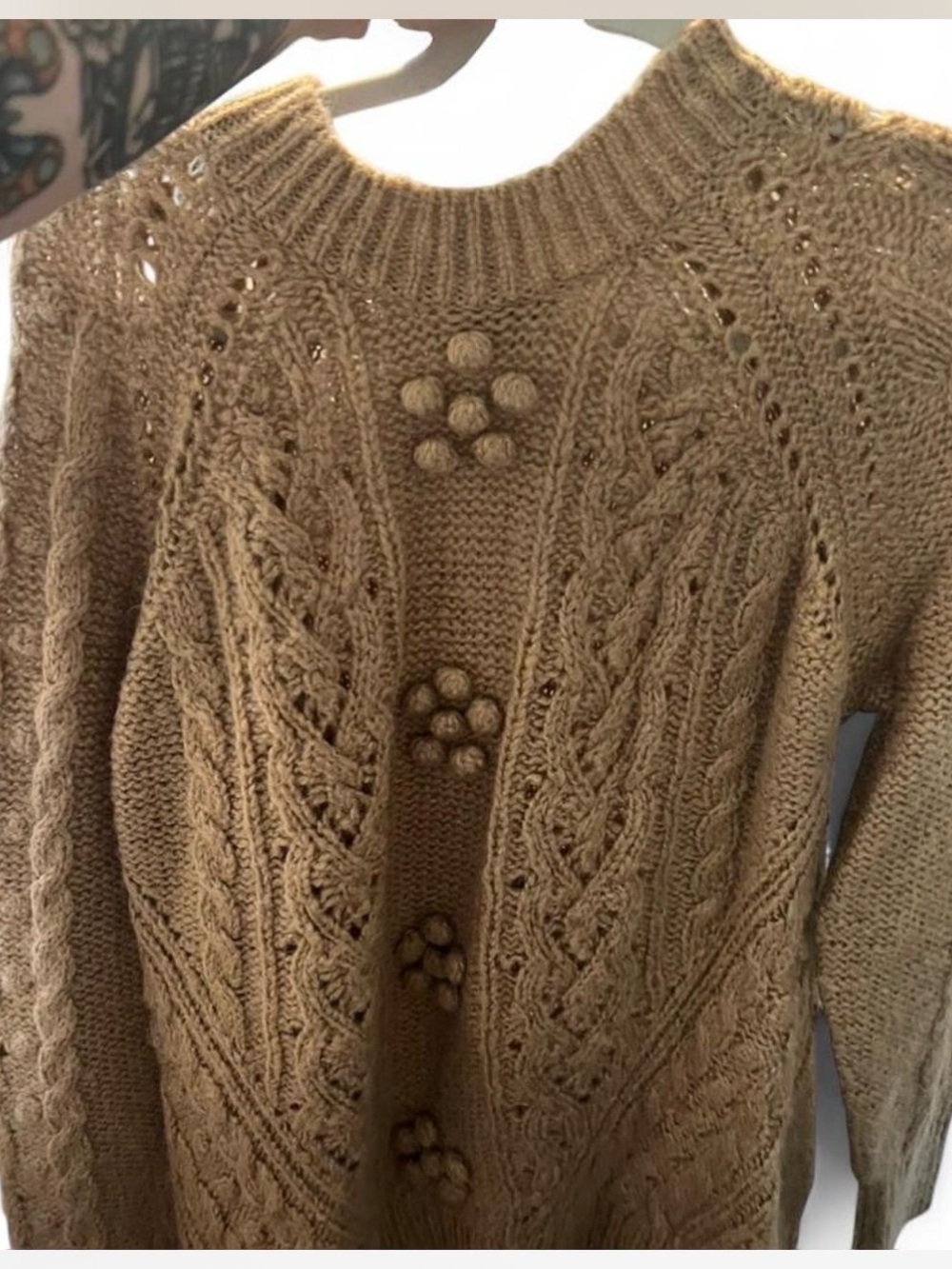 J. Crew Camel Cable-Knit Crewneck Sweater with Bobble Detail